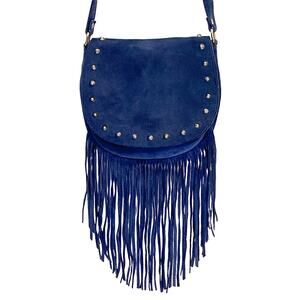 Prune Blue Suede Studded Fringe Cross Body Bag